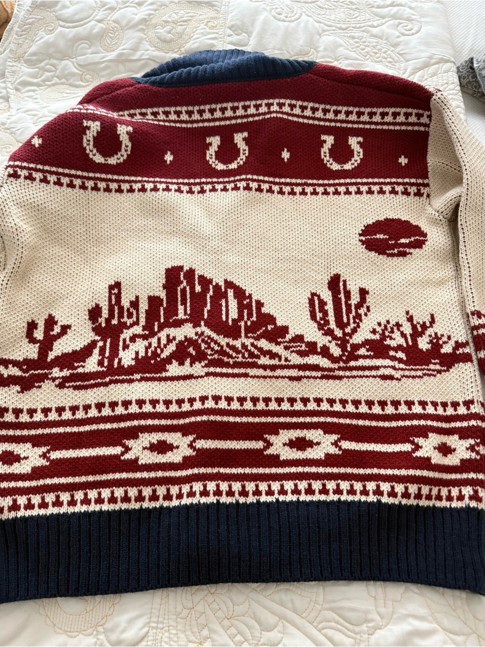 ALTAR’D STATE Horse Pattern Cardigan Sweater Cream, Navy & Burgundy - Picture 8 of 9